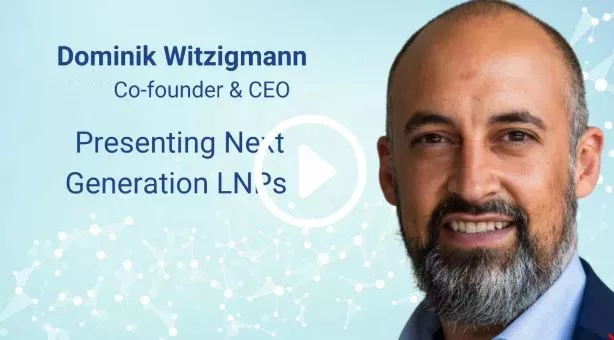 NTx CEO Domink Witzigmann smiles next to the title of his talk: presenting next-generation LNPs