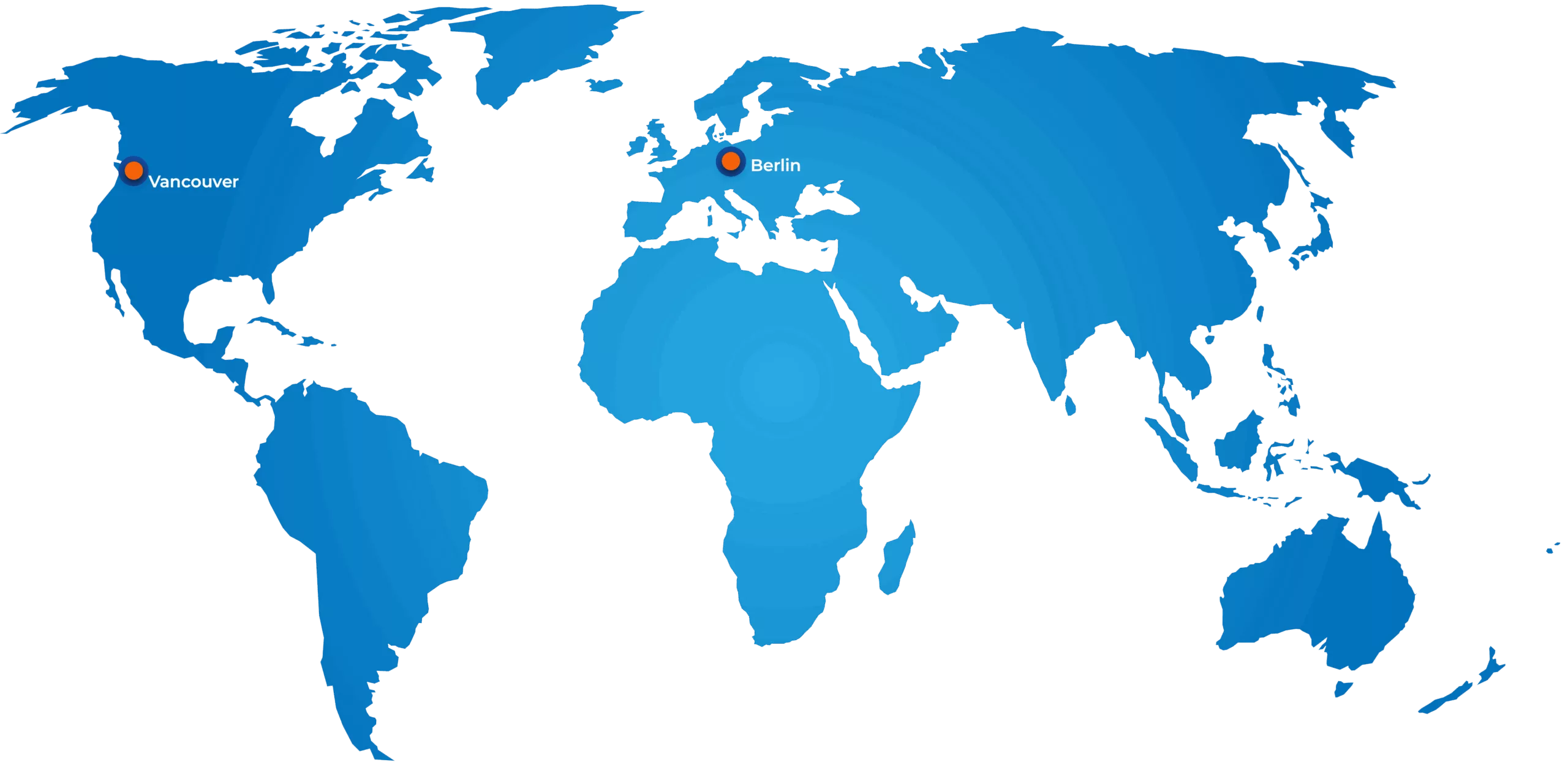 Map of the world with NVTx's HQ in Vancouver indicated, as well as its European Office in Berlin. 
